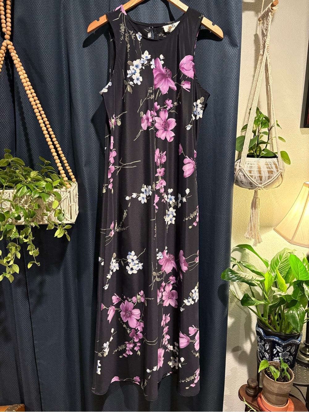 Sleeveless Black Maxi Dress with Lavender Floral Print
